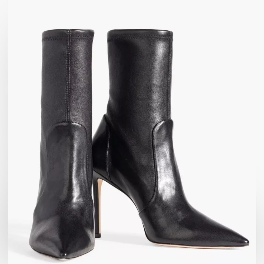 Stuart Weitzman Ankle Stretch Black Leather Pointed Toe 85mm Booties Shoes 10.5 - Picture 2 of 13